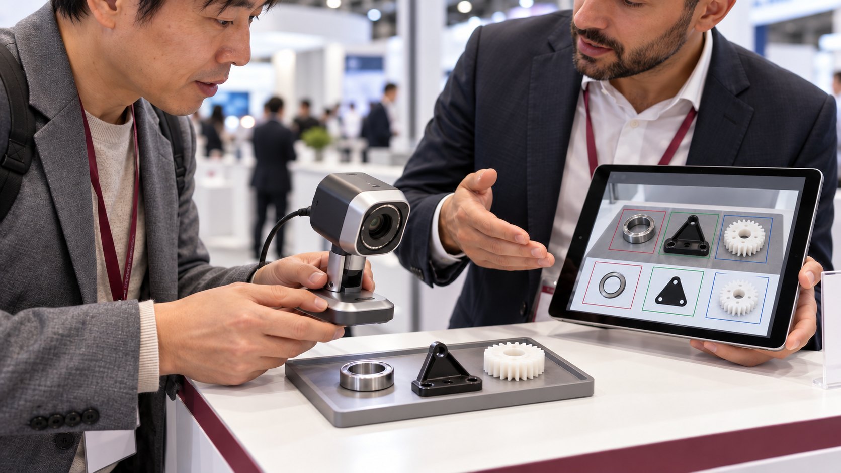 展示会で実機と画面を見比べながら新しい技術の説明を受けるコンセプト画像